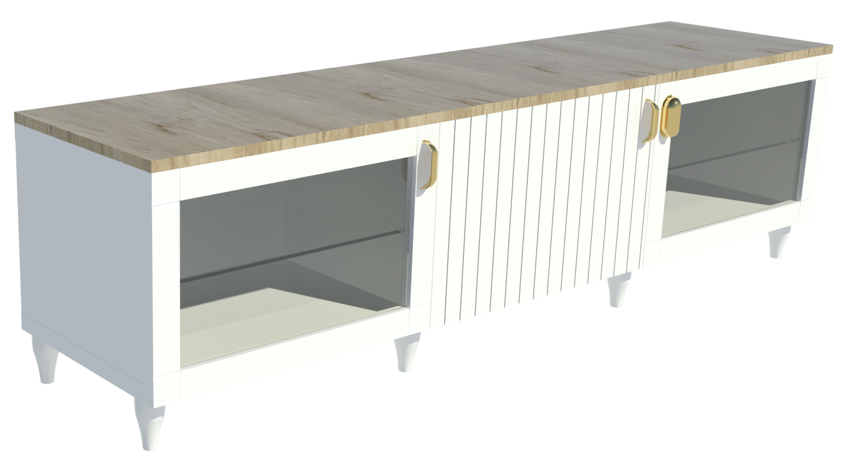 Revit render of Besta TV Unit with white SUTTERVIKEN and glass SINDVIK front panels. Paired with an oak top panel and brass handles.